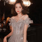 Gray tulle sequins long prom dress gray evening dress  10451