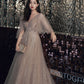 Champagne tulle lace long prom dress A line evening gown  10464