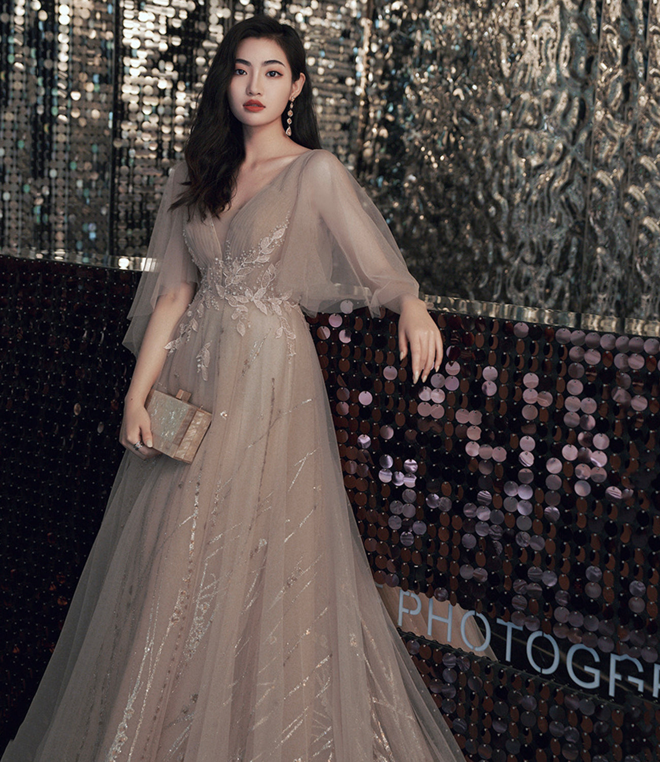 Champagne tulle lace long prom dress A line evening gown  10464