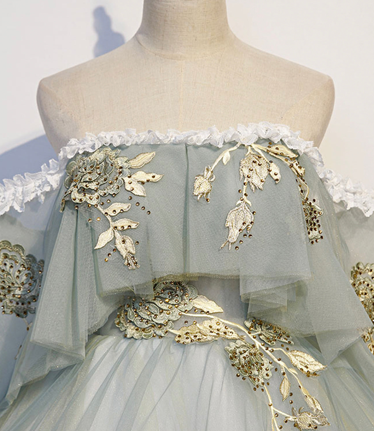 Green tulle lace long prom dress A line evening gown  10343