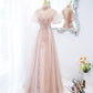 Pink tulle beads long prom dress A line evening dress  10400