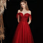 Burgundy tulle beads long prom dress A line evening gown  10428