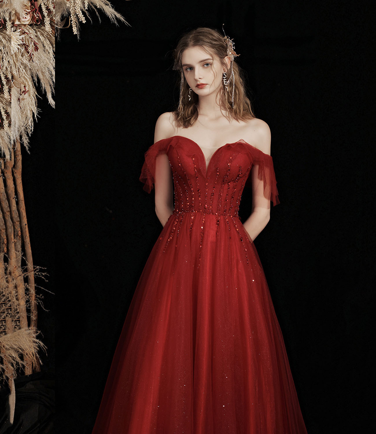 Burgundy tulle beads long prom dress A line evening gown  10428