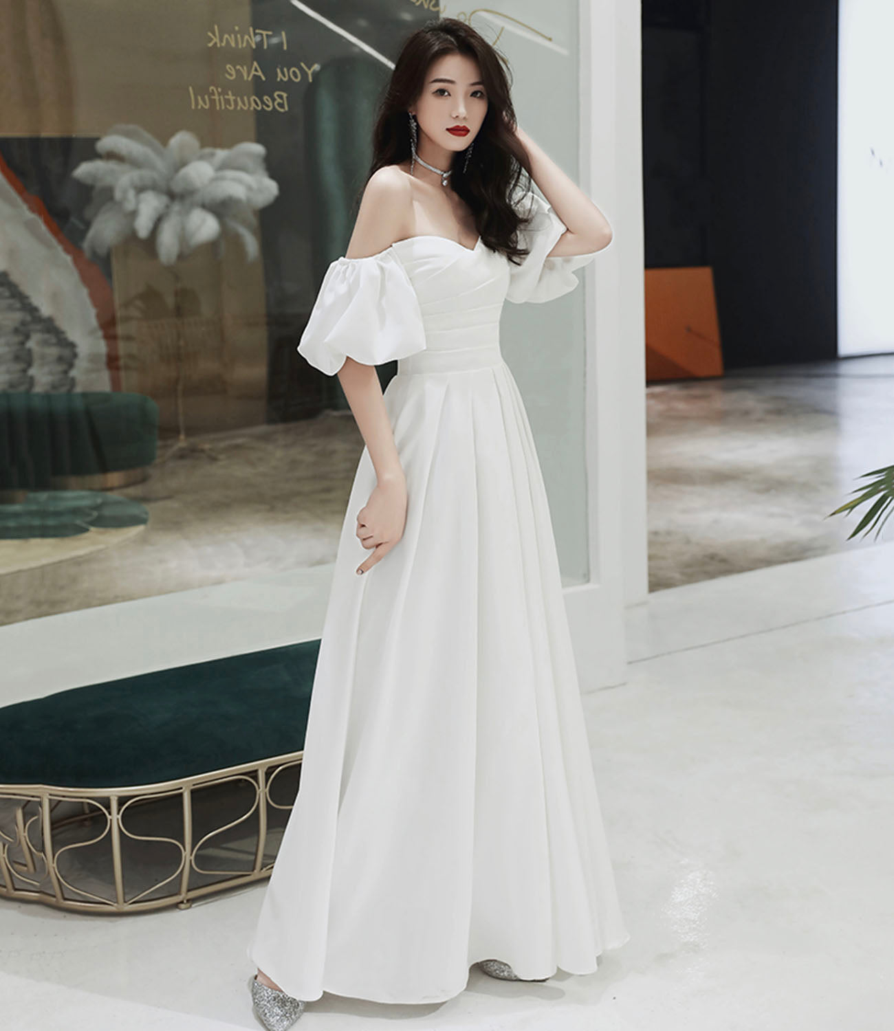 Simple A line long white prom dress white evening dress  10338