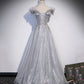 Gray tulle lace long prom dress A line evening gown  10406