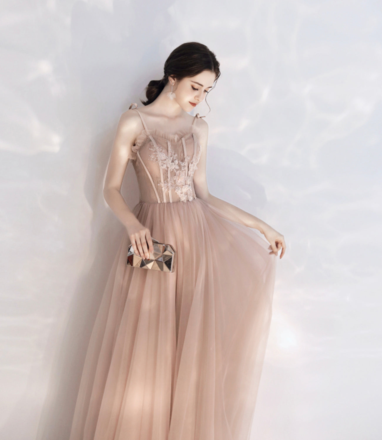 Stylish tulle lace long prom dress A line evening dress  10397