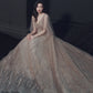 Champagne tulle lace long prom dress A line evening gown  10464