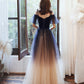 Blue velvet tulle long prom dress A line evening dress  10365
