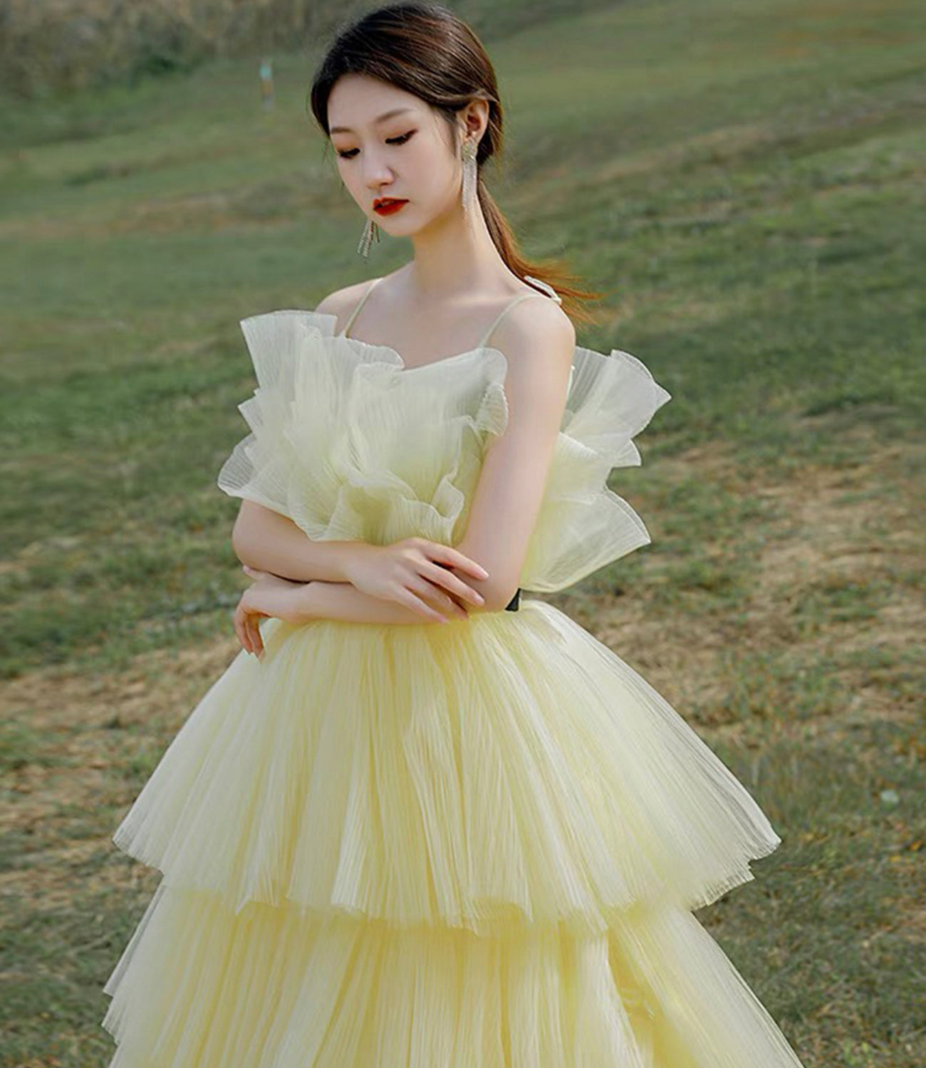 Yellow tulle long ball gown dress A line evening gown  10304