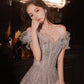 Gray tulle sequins long prom dress gray evening dress  10451