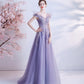 Purple tulle sequins long prom dress A line evening dress  10463