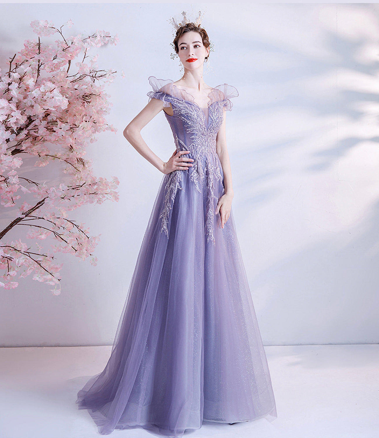 Purple tulle sequins long prom dress A line evening dress  10463