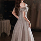 Gray tulle sequins long prom dress A line evening dress  10627