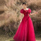 Red tulle beads long prom dress A line evening gown  10303
