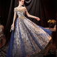 Blue tulle sequins long prom dress evening gown  10361