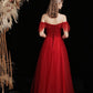 Burgundy tulle beads long prom dress A line evening gown  10428