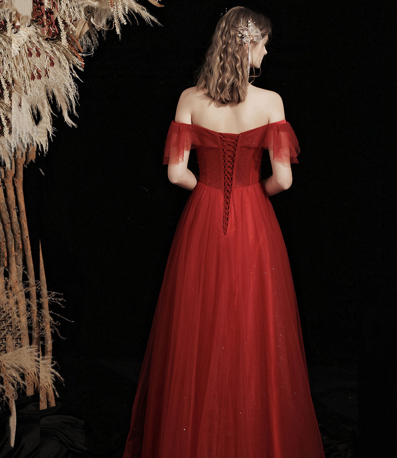 Burgundy tulle beads long prom dress A line evening gown  10428