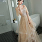 Champagne tulle lace long prom dress A line evening dress  10339