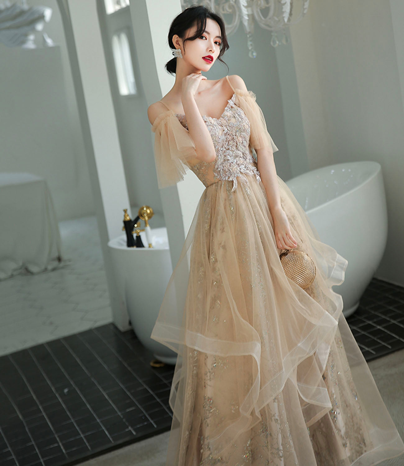 Champagne tulle lace long prom dress A line evening dress  10339