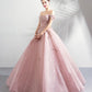 Pink tulle lace long prom dress A line evening gown  10359