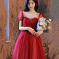 Burgundy tulle beads long prom dress evening gown  10315