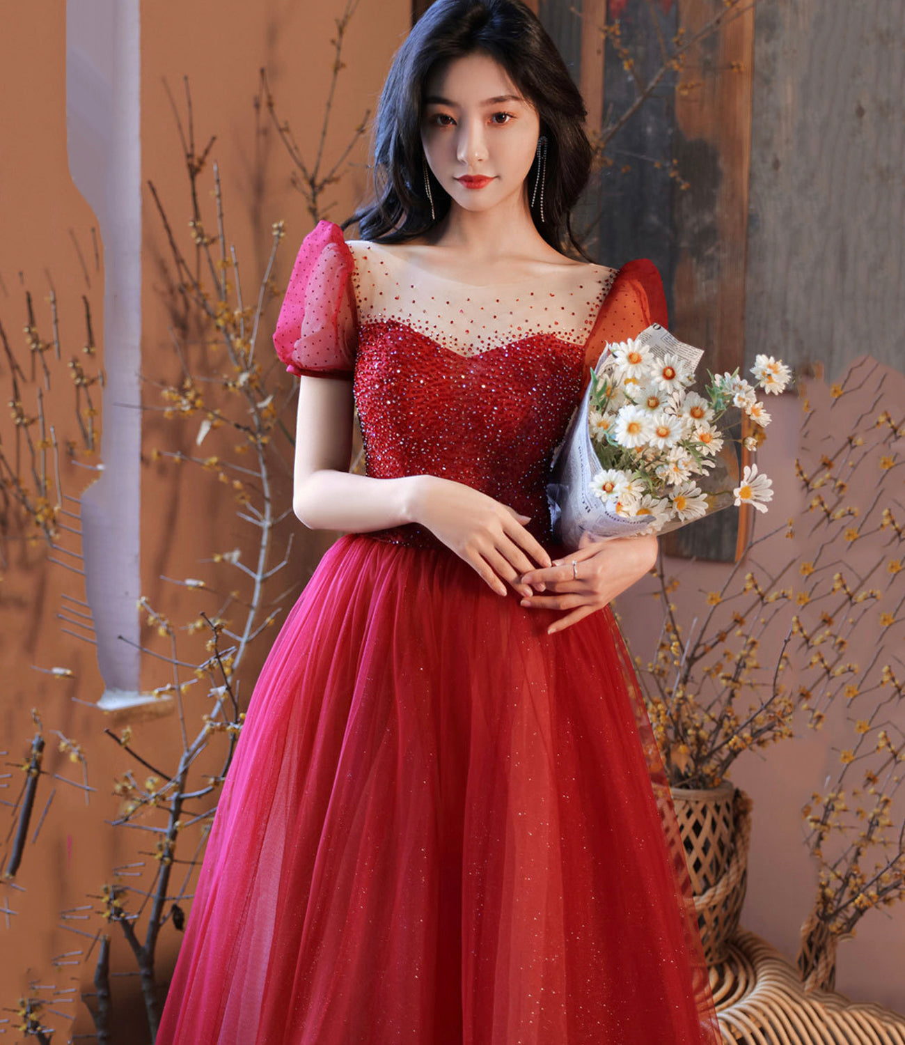 Burgundy tulle beads long prom dress evening gown  10315