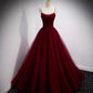 Burgundy tulle long prom dress two pieces evening dress  10328