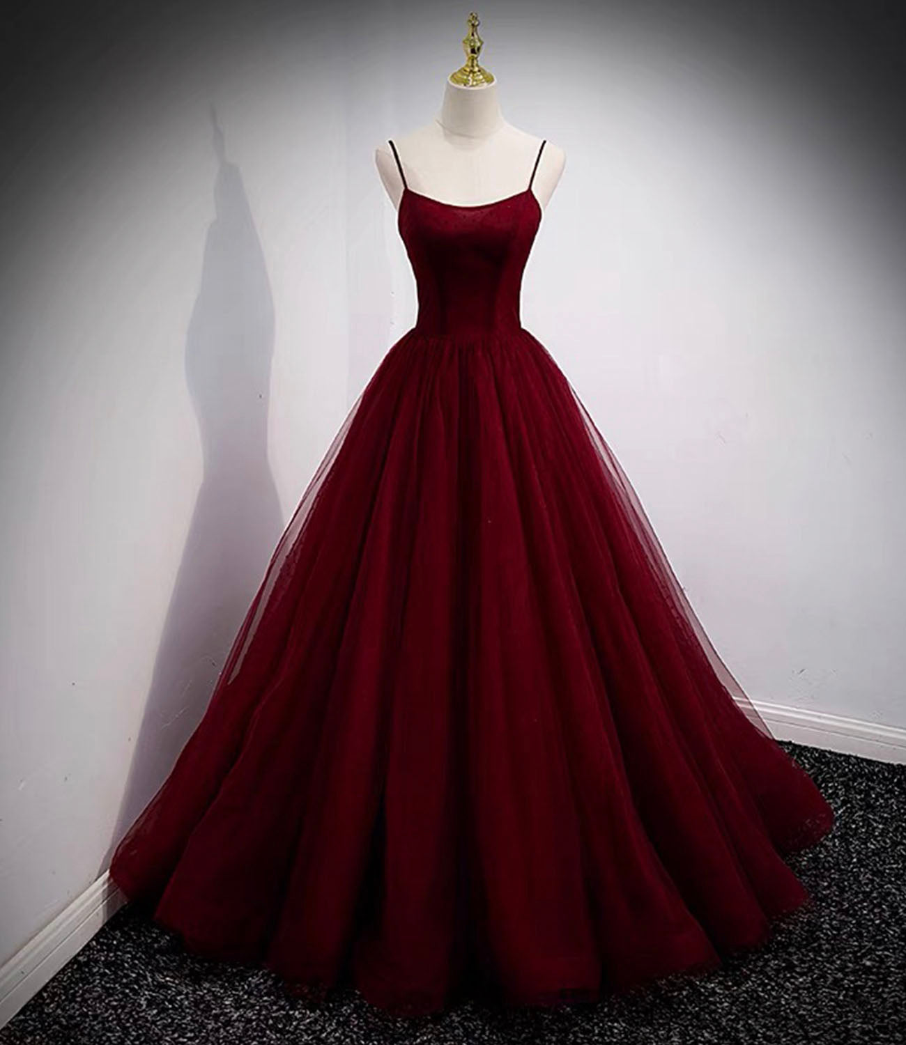Burgundy tulle long prom dress two pieces evening dress  10328