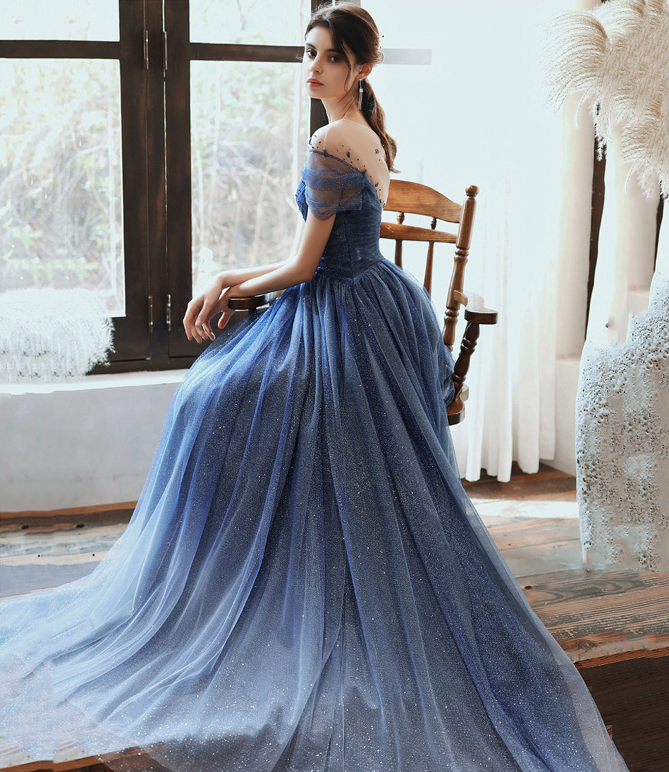 Blue tulle sequins long prom dress blue evening dress  10477