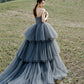 Gray tulle lace long ball gown dress formal dress  10306