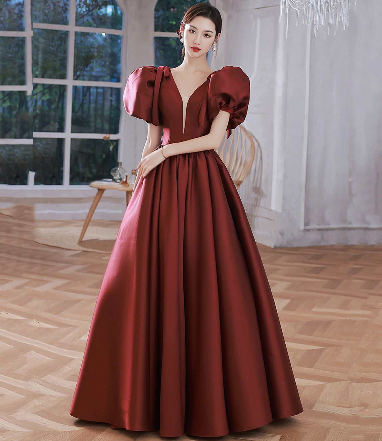 Burgundy v neck satin long prom gown A line formal gown  10314