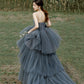 Gray tulle lace long ball gown dress formal dress  10306