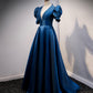 Blue satin long prom dress A line evening gown  10309