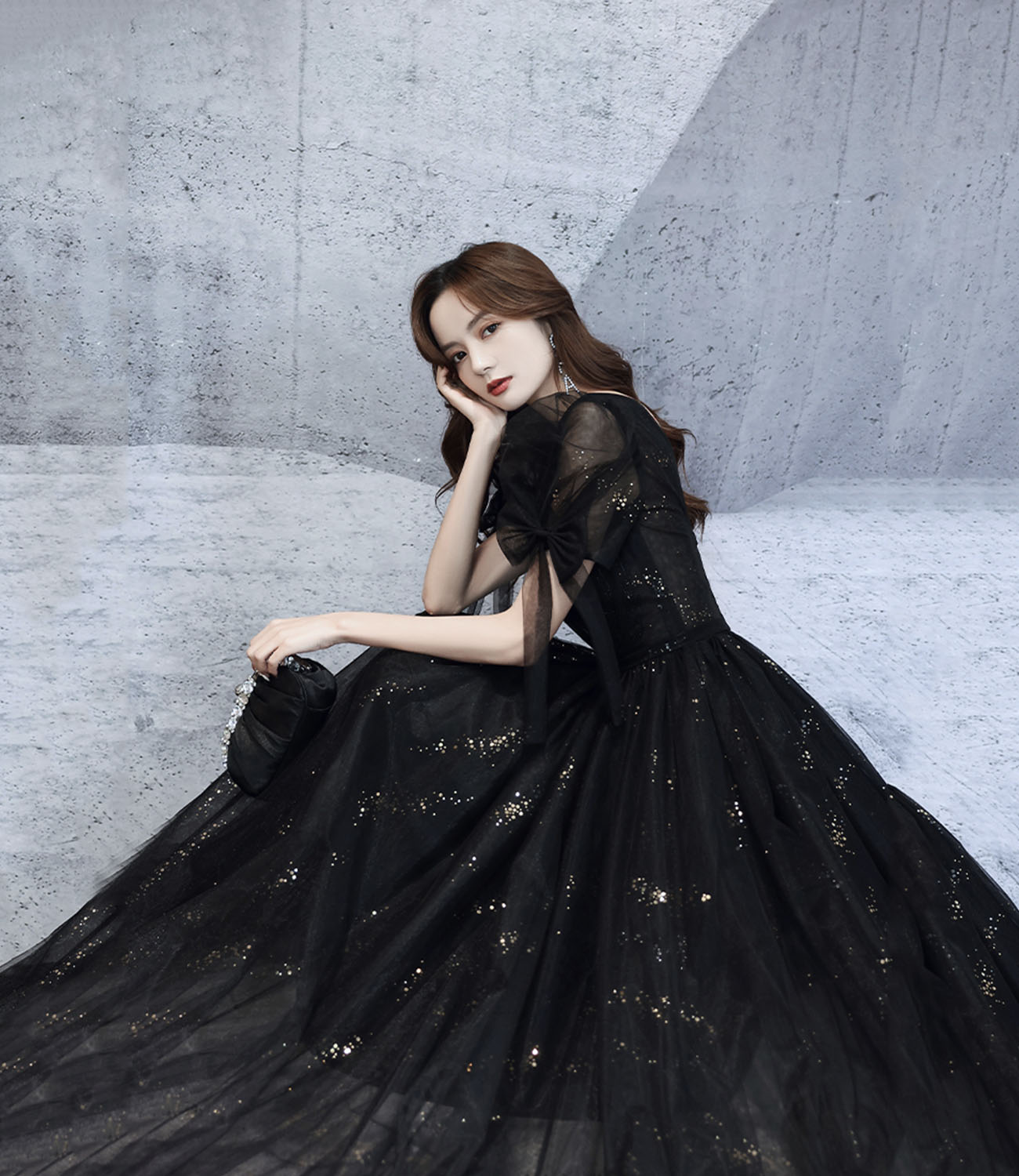 Black v neck tulle long prom dress A line evening dress  10318