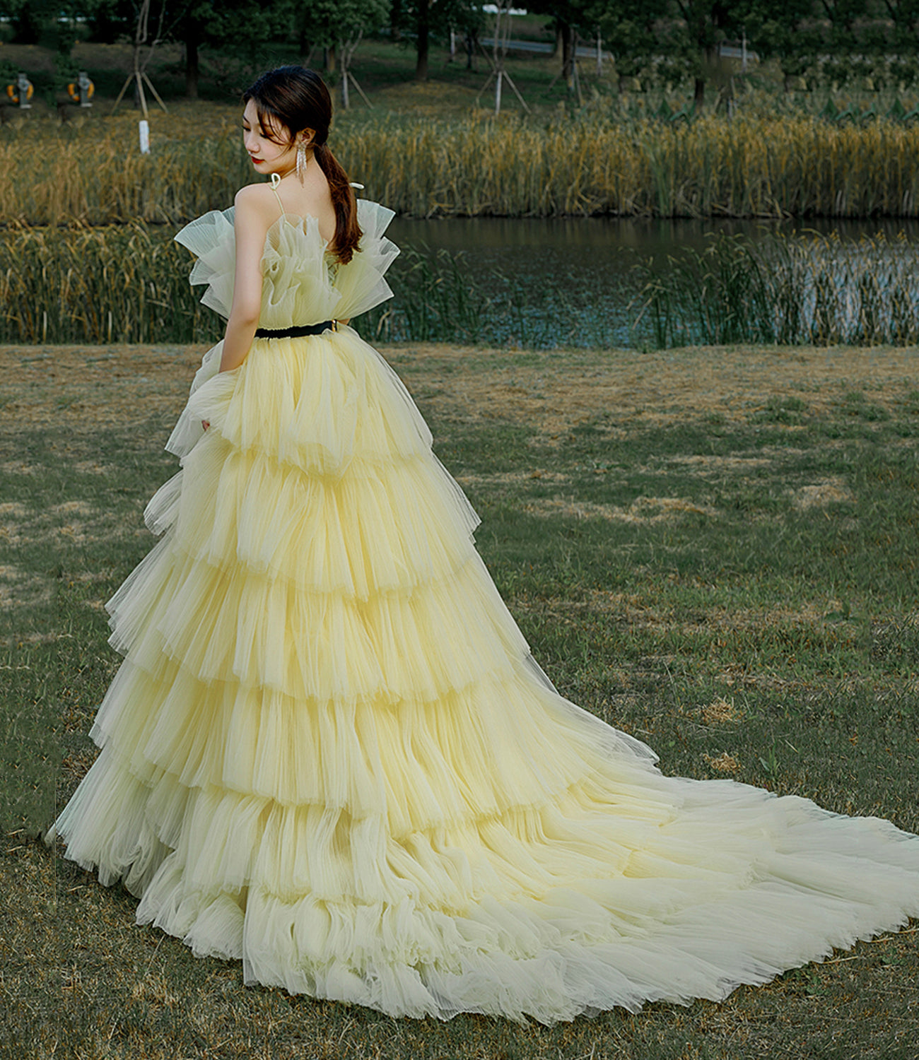 Yellow tulle long ball gown dress A line evening gown  10304
