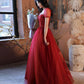 Burgundy tulle beads long prom dress evening gown  10315