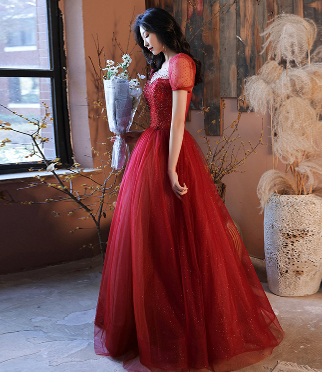 Burgundy tulle beads long prom dress evening gown  10315