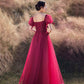 Red tulle beads long prom dress A line evening gown  10303