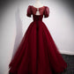 Burgundy tulle long prom dress two pieces evening dress  10328