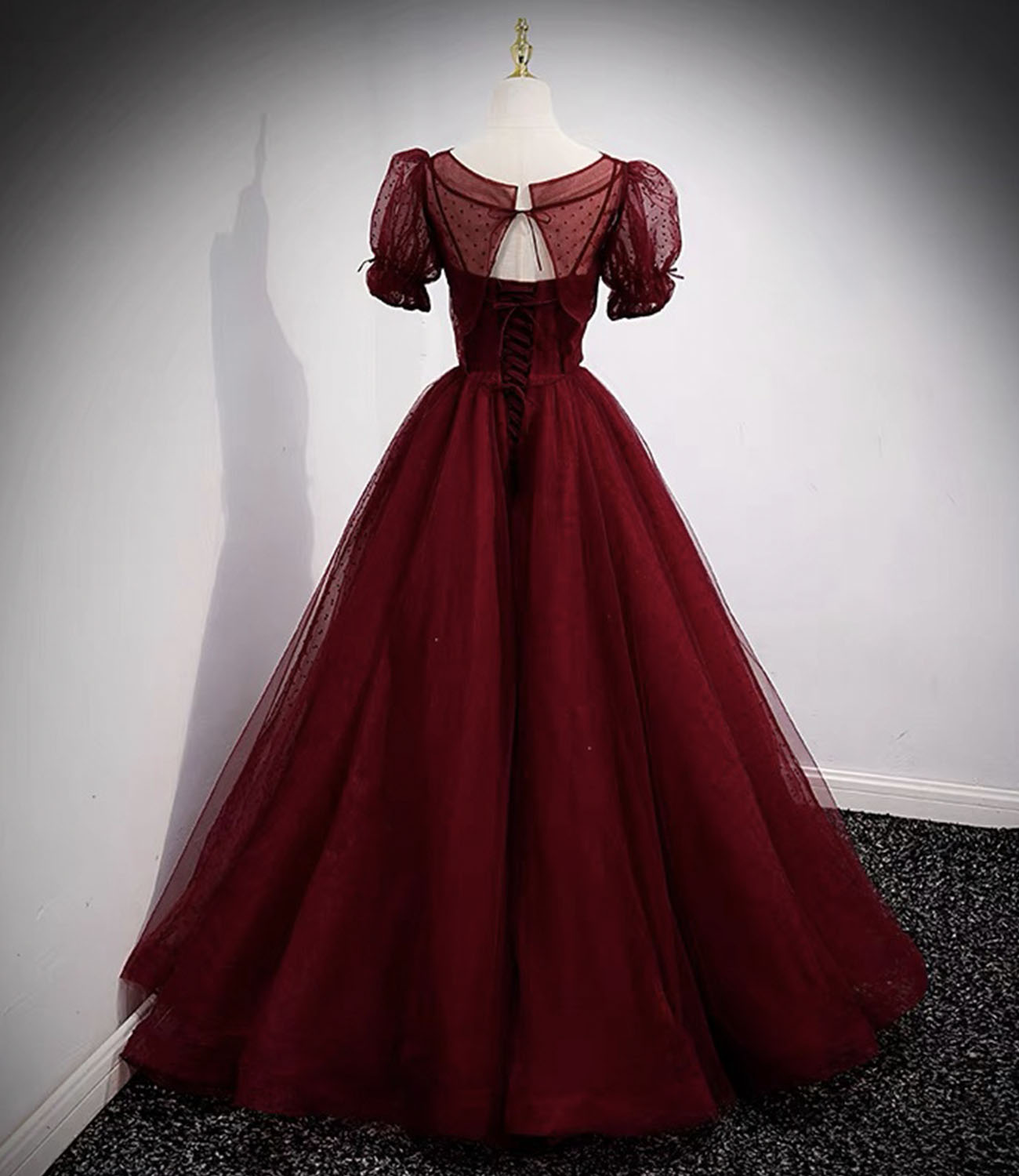 Burgundy tulle long prom dress two pieces evening dress  10328