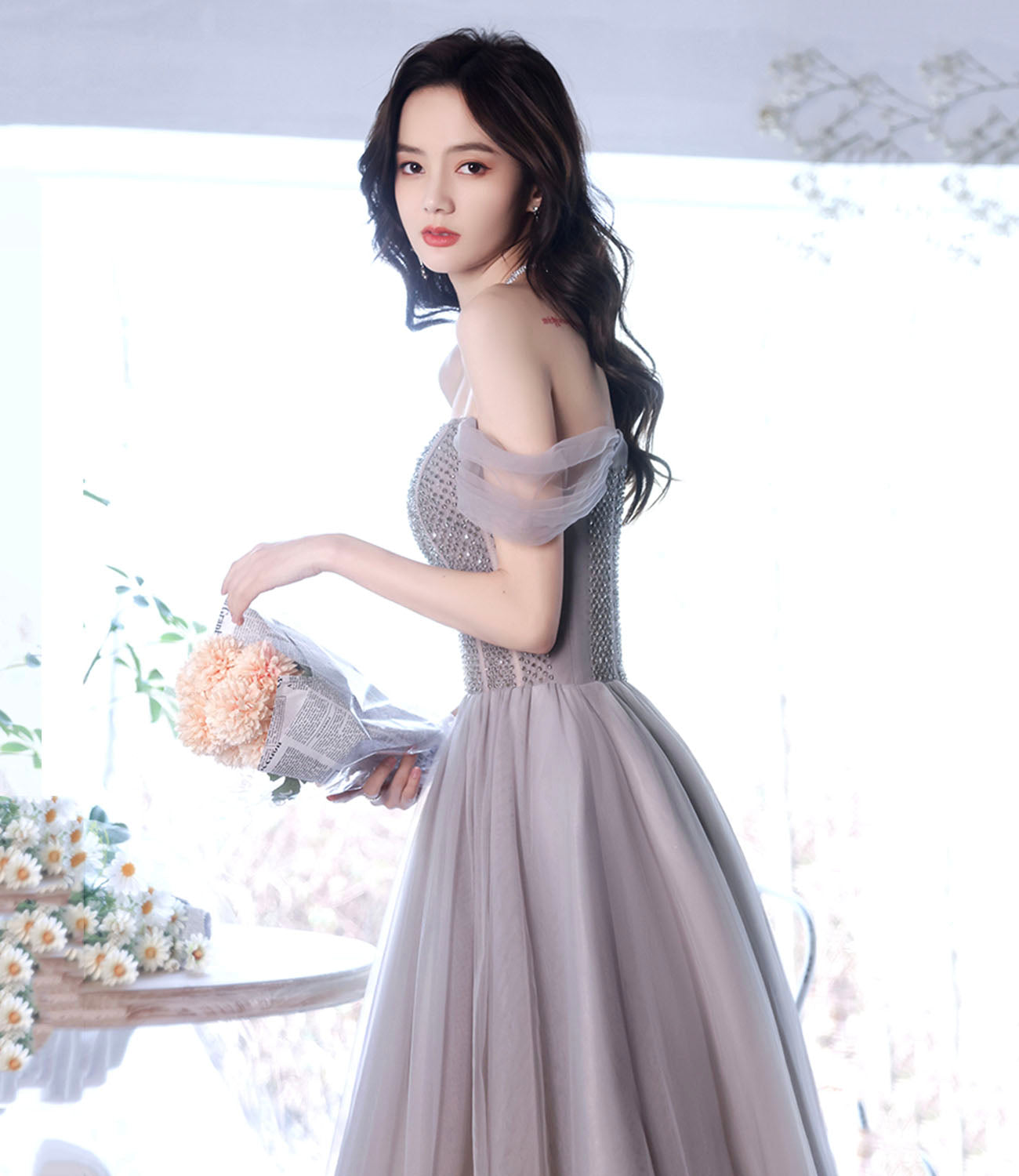 Cute tulle beads long prom dress A line evening gown  10319