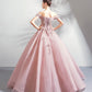 Pink tulle lace long prom dress A line evening gown  10359