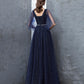 Blue tulle long prom dress A line evening dress  10377