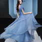 Blue tulle sequins long prom dress evening gown  10310