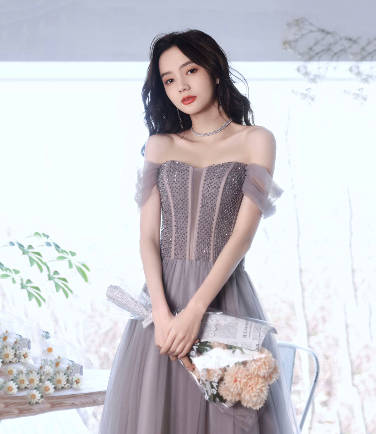Cute tulle beads long prom dress A line evening gown  10319