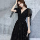 Black v neck tulle long prom dress A line evening dress  10318
