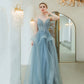 Blue tulle lace long prom dress blue evening gown  10241