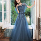 Blue tulle lace long prom dress blue evening gown  10286