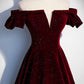Burgundy velvet long prom dress A line evening gown  10274