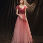 Burgundy tulle long prom dress A line evening gown  10256